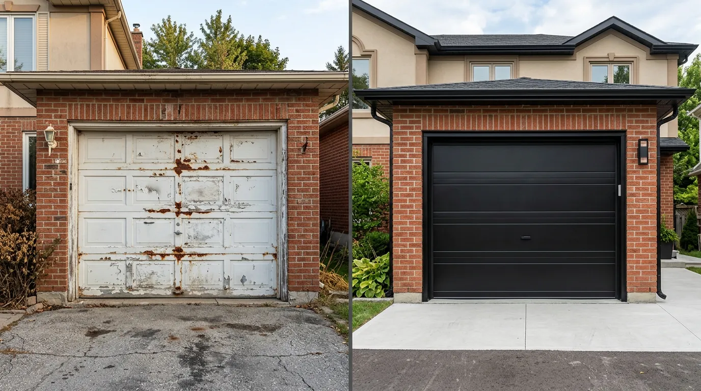 Before and after comparison: old dented white aluminum garage door replaced with new black sectional steel door