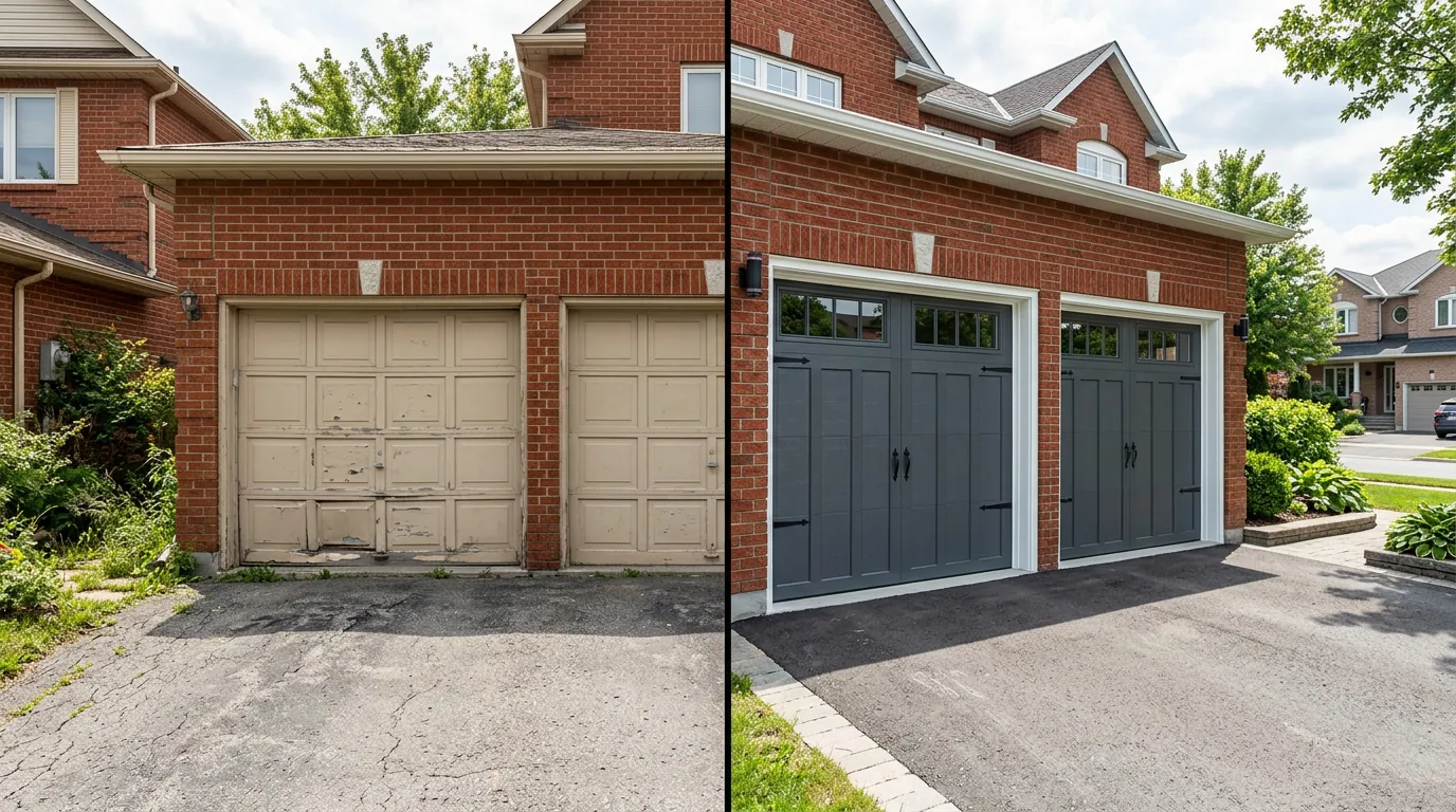 Before and after comparison: outdated beige garage doors replaced with carriage-house style dark gray doors with windows