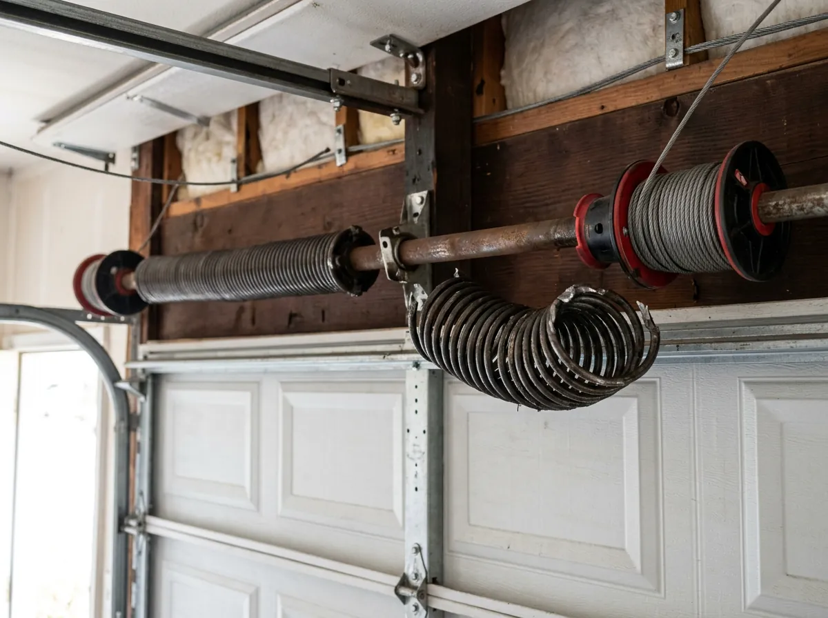 Close-up of a broken garage door torsion spring snapped in two pieces