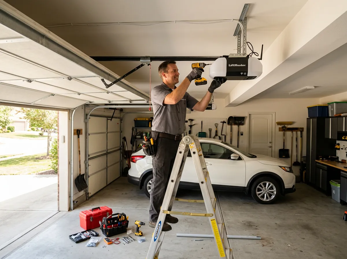Technician installing a new smart garage door opener motor on a residential garage ceiling