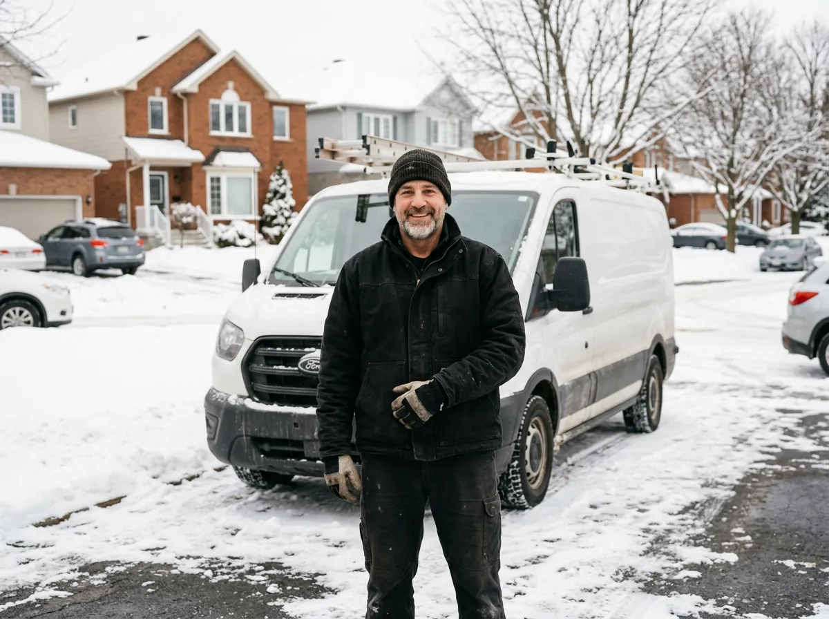 Overhead Master technician standing beside a service van in a snowy Barrhaven driveway