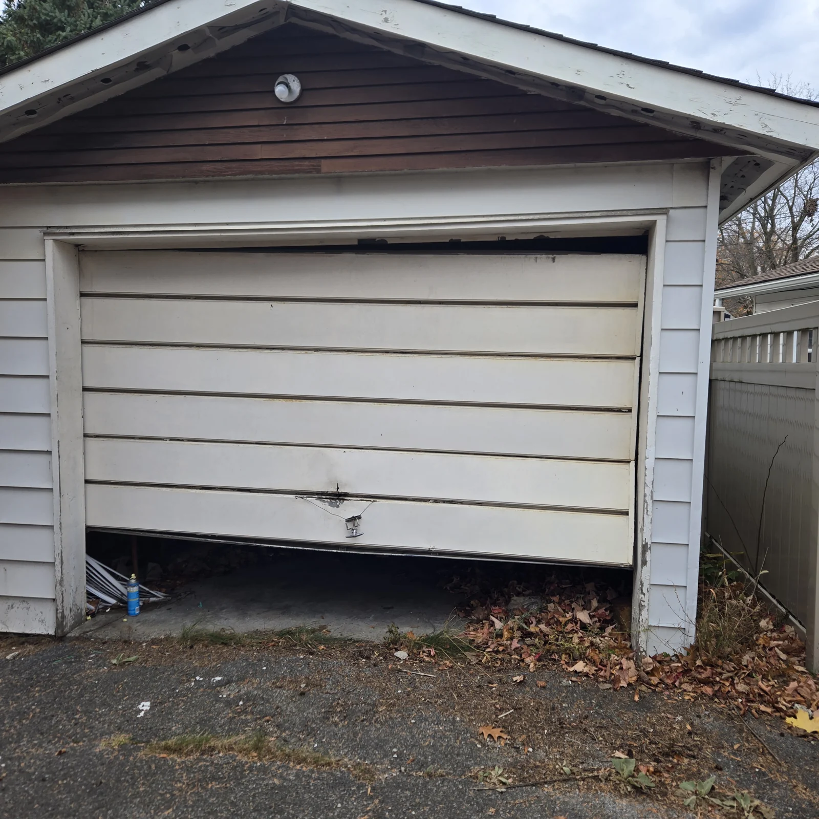 Before: Bowed older door at the detached garage before replacement.